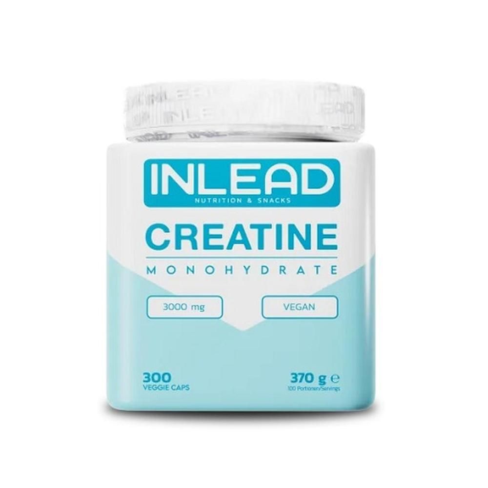 Weiß-blaue Dose mit INLEAD Creatine Monohydrate-Aufdruck. Enthält 300 Kapseln, 370g. Vegan. 3000 mg pro Portion.