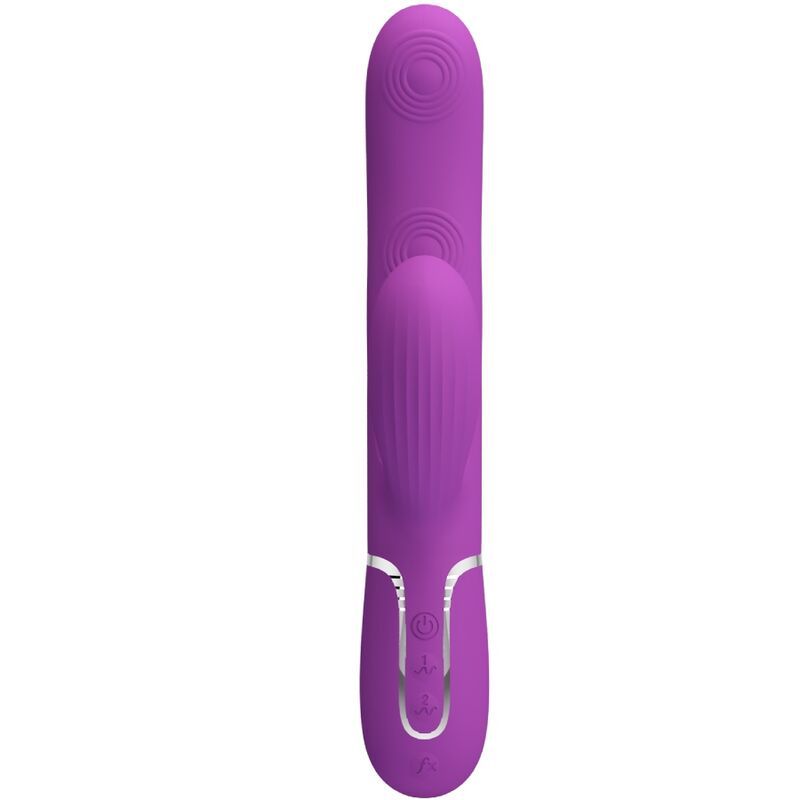 Lila Kaninchen-Vibrator, von vorne mit Rillen und zwei Stimulatoren.