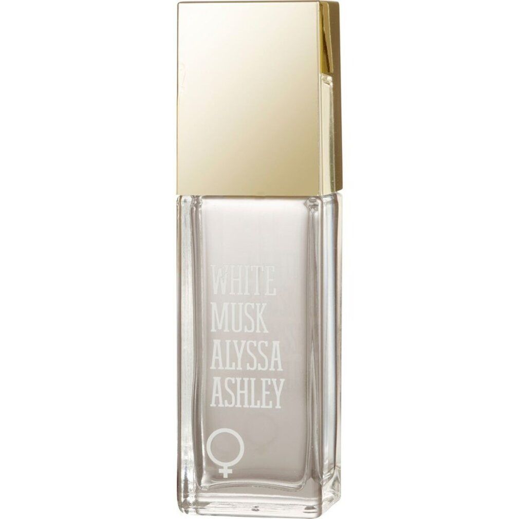 Weißer Flakon mit goldfarbenem Deckel. Aufschrift: White Musk Alyssa Ashley. Mit weiblichem Symbol.
