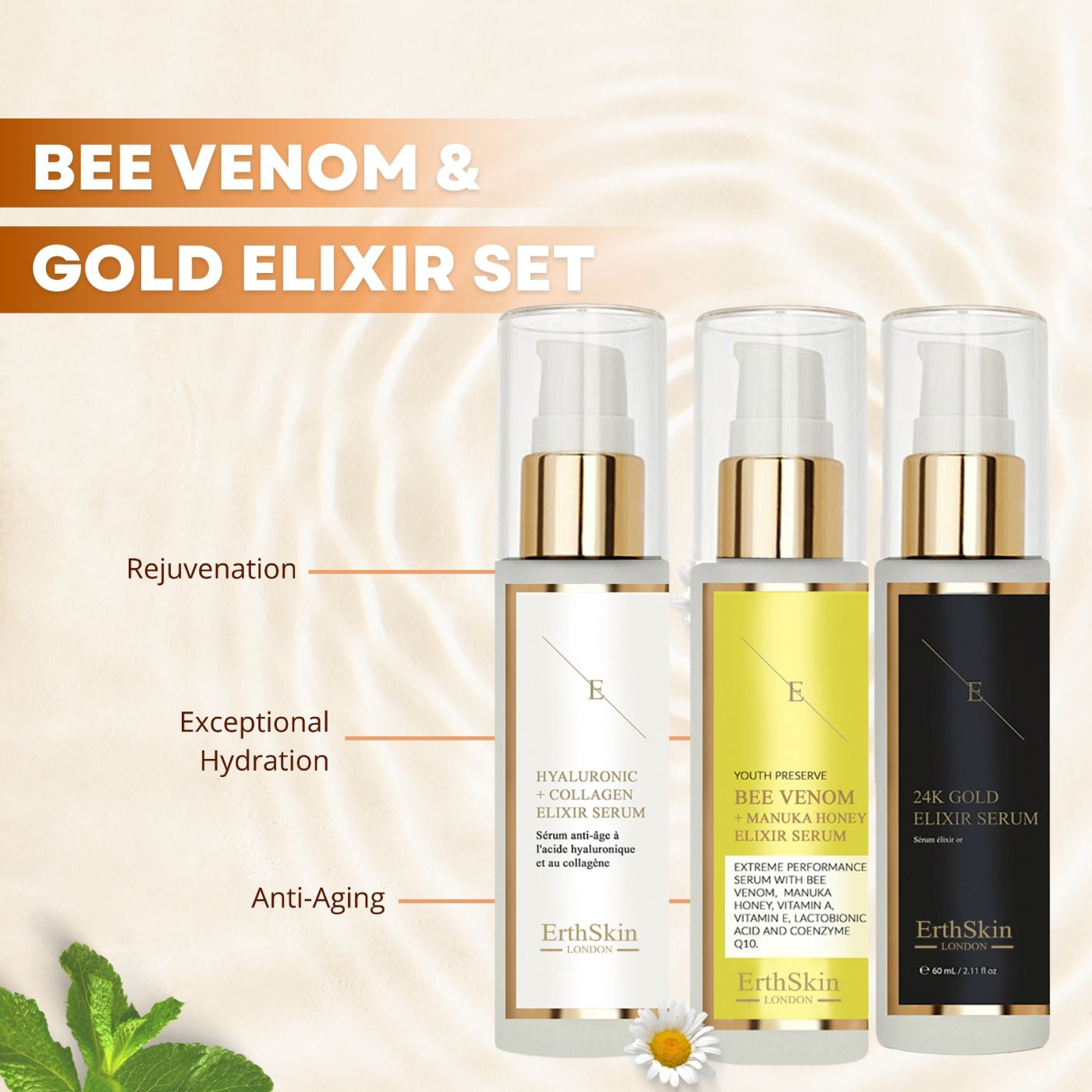 Set mit drei ErthSkin London Elixier Seren: Hyaluron + Kollagen, Bienen-Gift + Manuka Honig, 24K Gold.