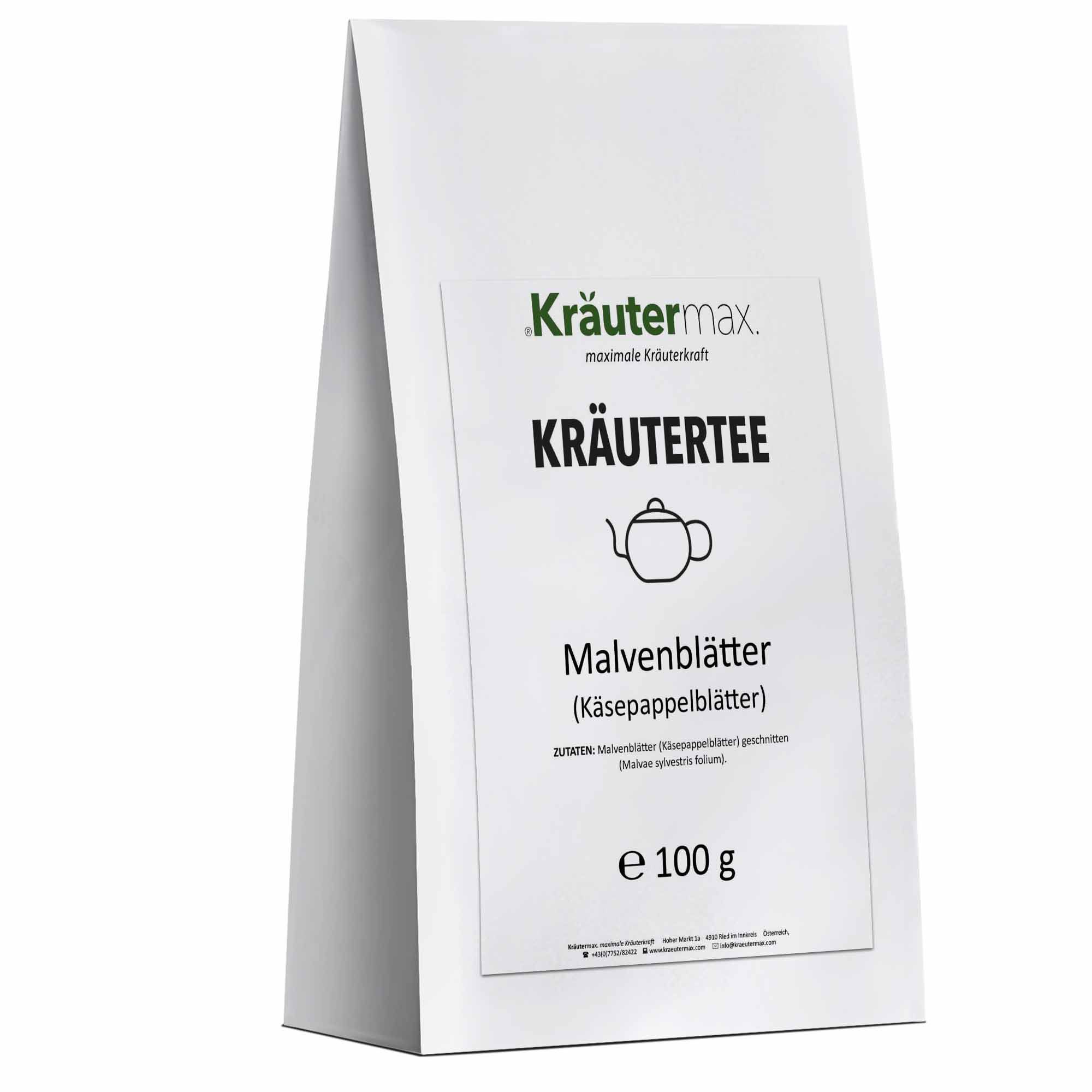 Weiße Kräutertee-Verpackung mit Kräutermax-Logo und Produktbezeichnung. Aufschrift: Malvenblätter (Käsepappelblätter). Inhalt: 100 g.