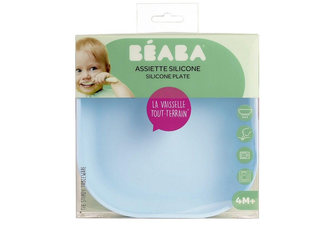 Verpackung mit blauem BEABA Baby-Teller. Aufdruck: Assiette Silicone, 4M+. Baby-Foto.