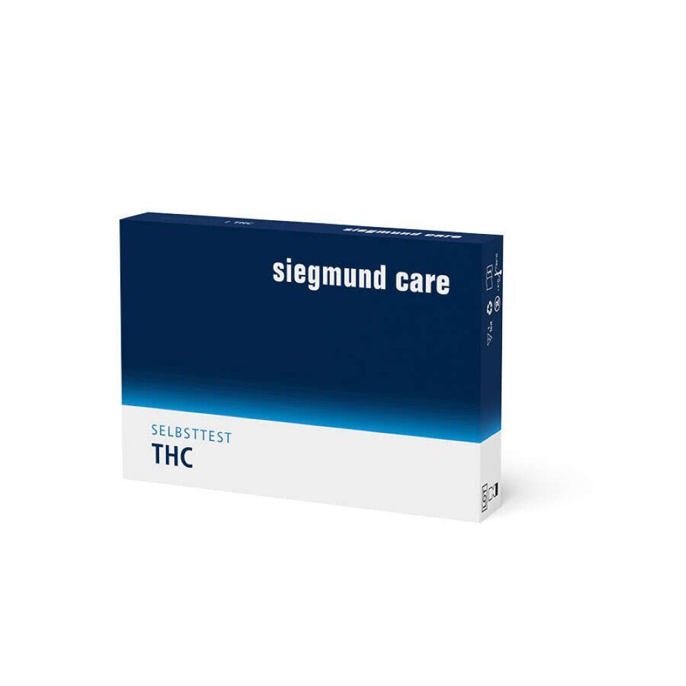 Blau-weiße Schachtel mit "siegmund care" und "Selbsttest THC" Schriftzug. CE-Kennzeichnung.