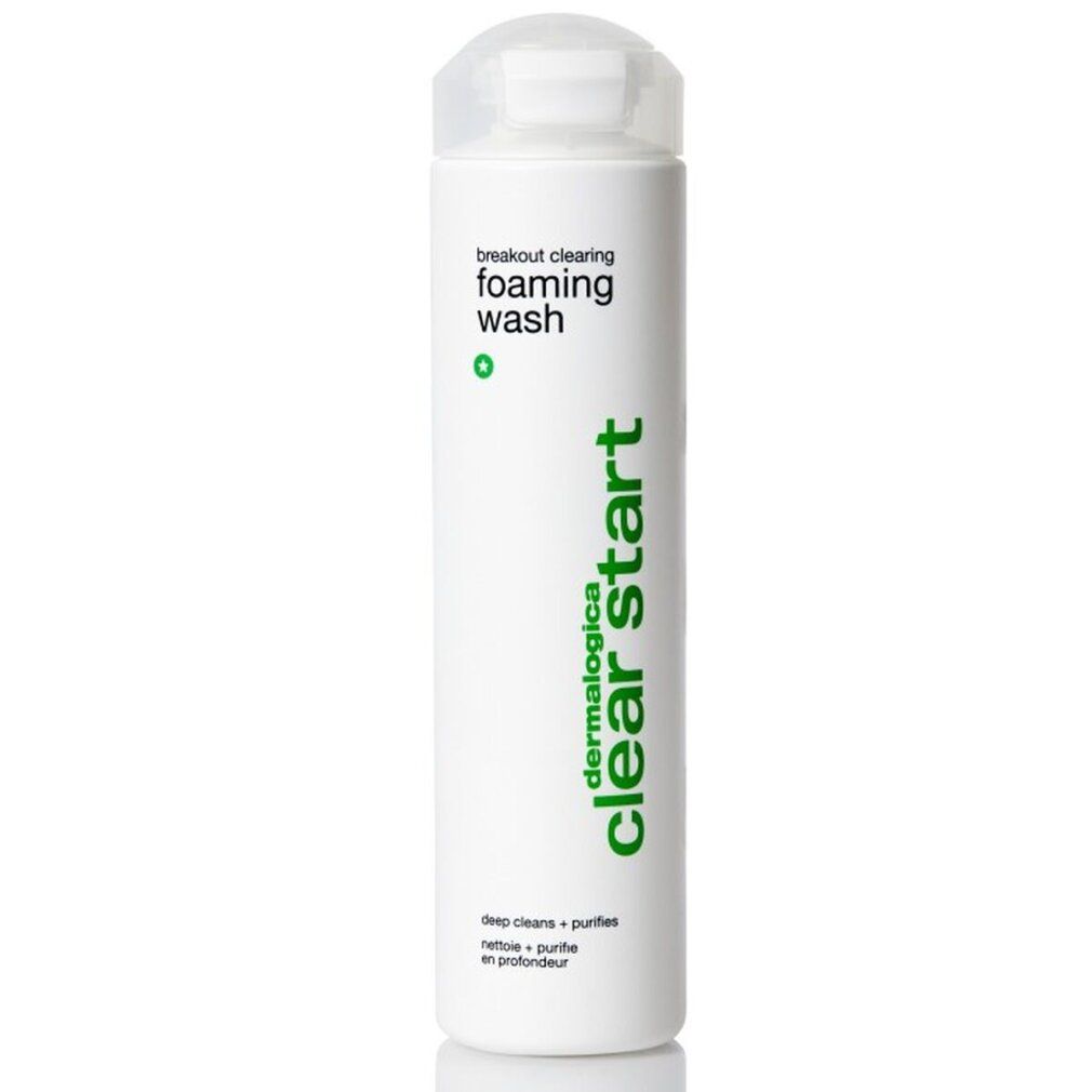 Weißes, zylindrisches Produkt mit grünem Aufdruck. Beschriftung: Breakout Clearing Foaming Wash, Clear Start, Dermalogica. Transparenter Deckel.