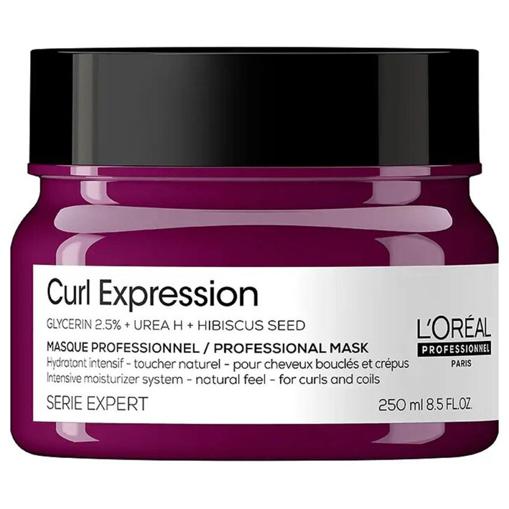 Produktbehälter mit Deckel. Text: Curl Expression, Masque Professionnel, Serie Expert, 250 ml.