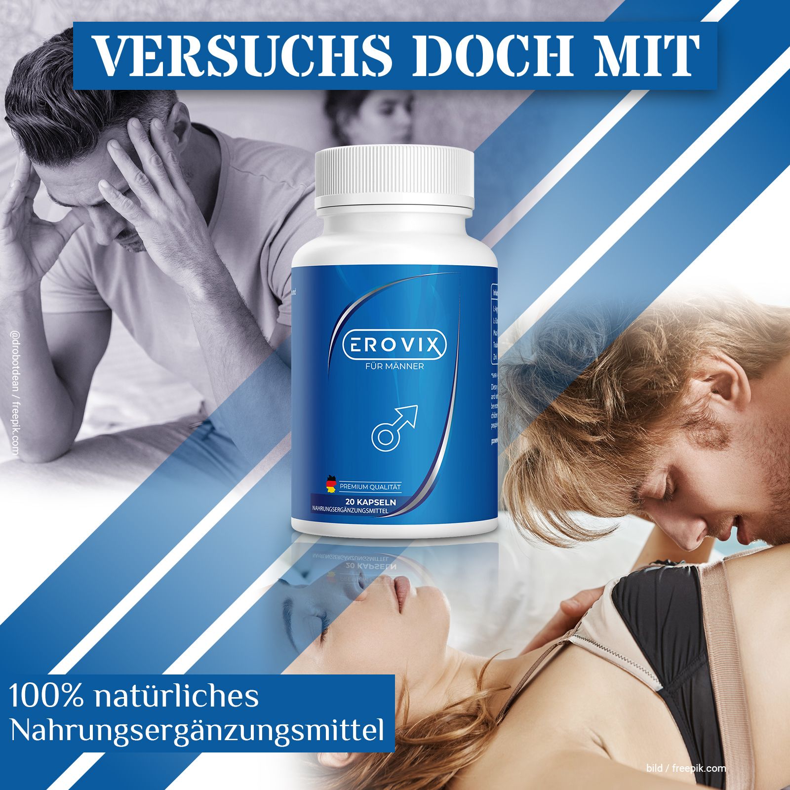 Blaue Flasche "EROVIX" mit 20 Kapseln. Text: "100% natürliches Nahrungsergänzungsmittel". Hintergrund: Paare in intimen Situationen.