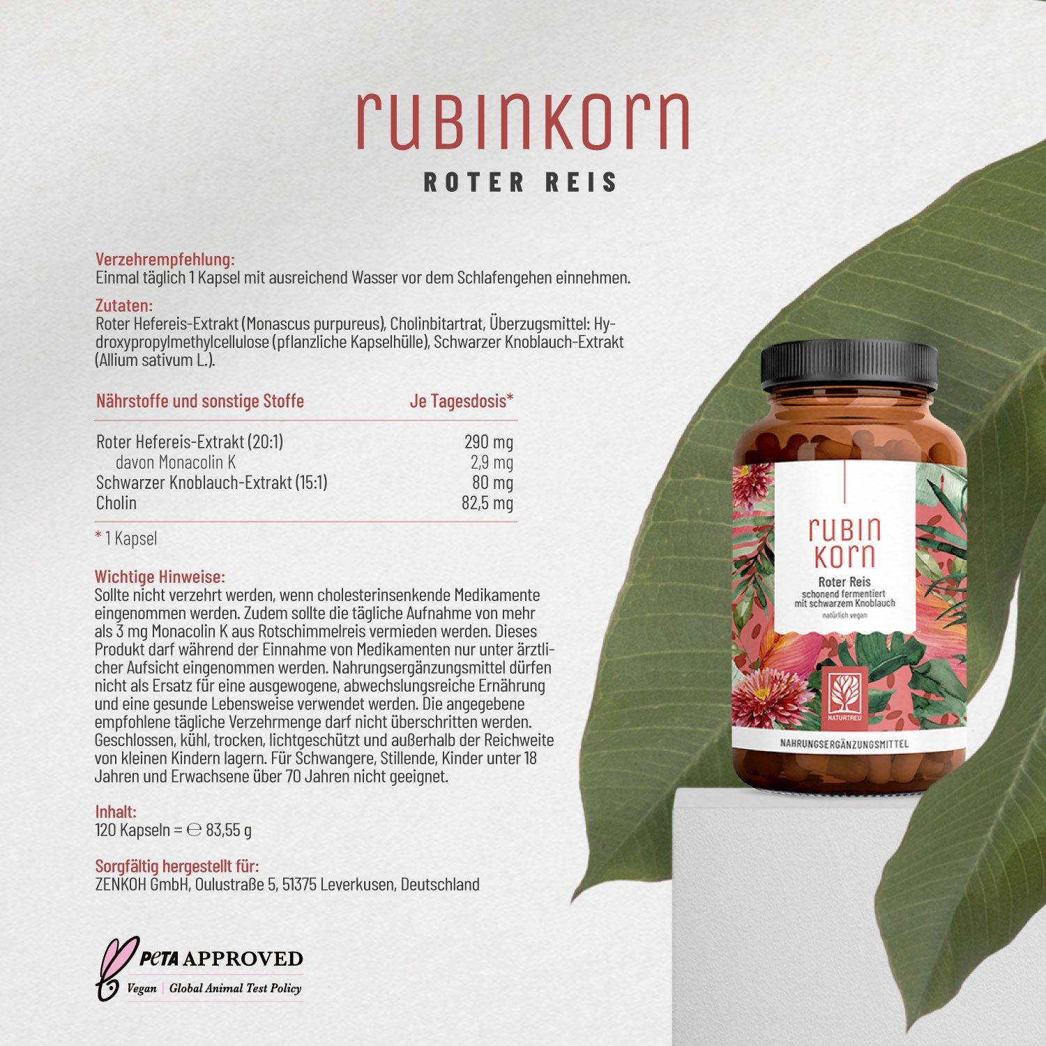 Braune Flasche mit Roter Reis Komplex. Text: Rubin Korn, Roter Reis. Inhaltsstoffe und Hinweise. PETA-Logo.