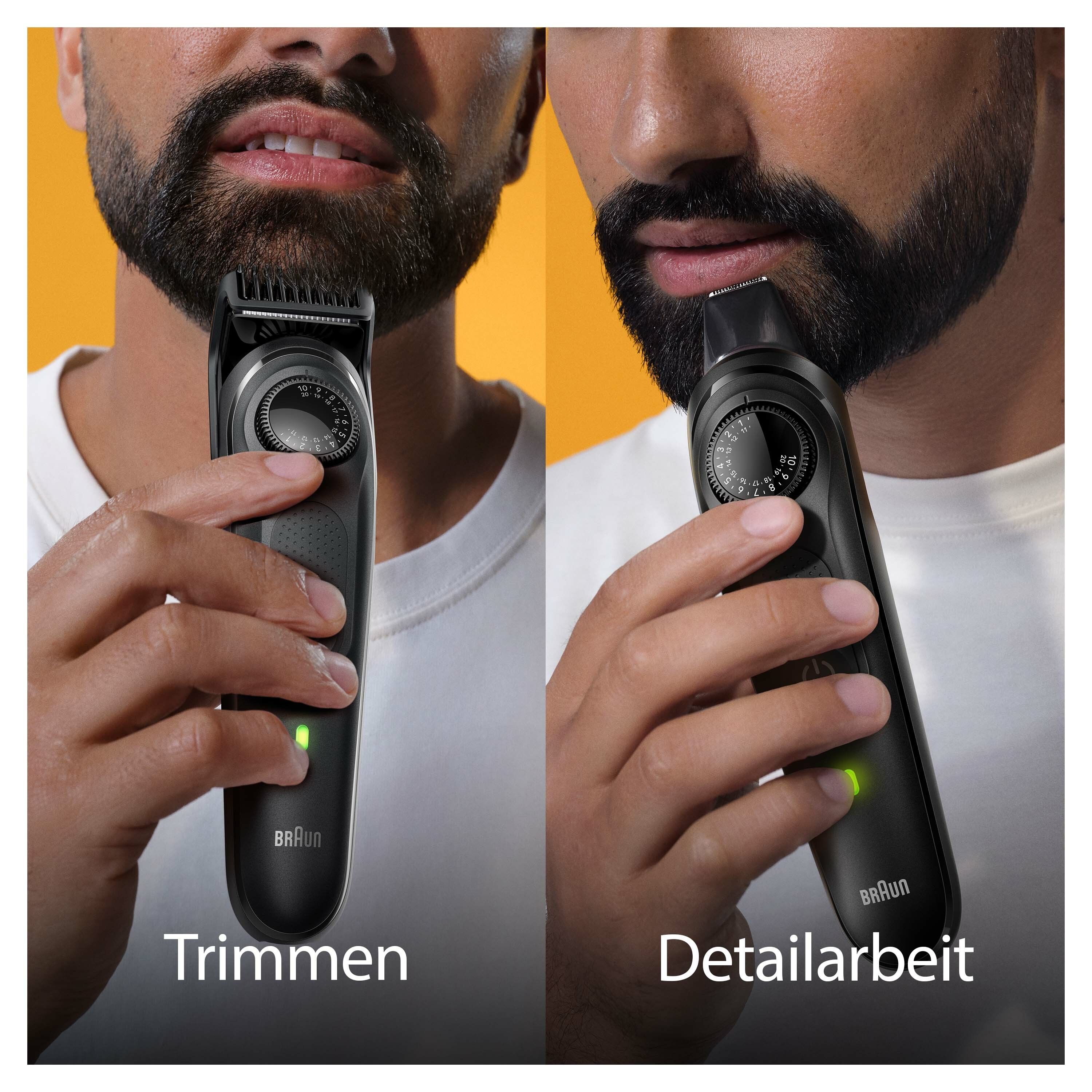 Zwei Bilder: Bartschneider beim Trimmen und Detailarbeit. Marke Braun.