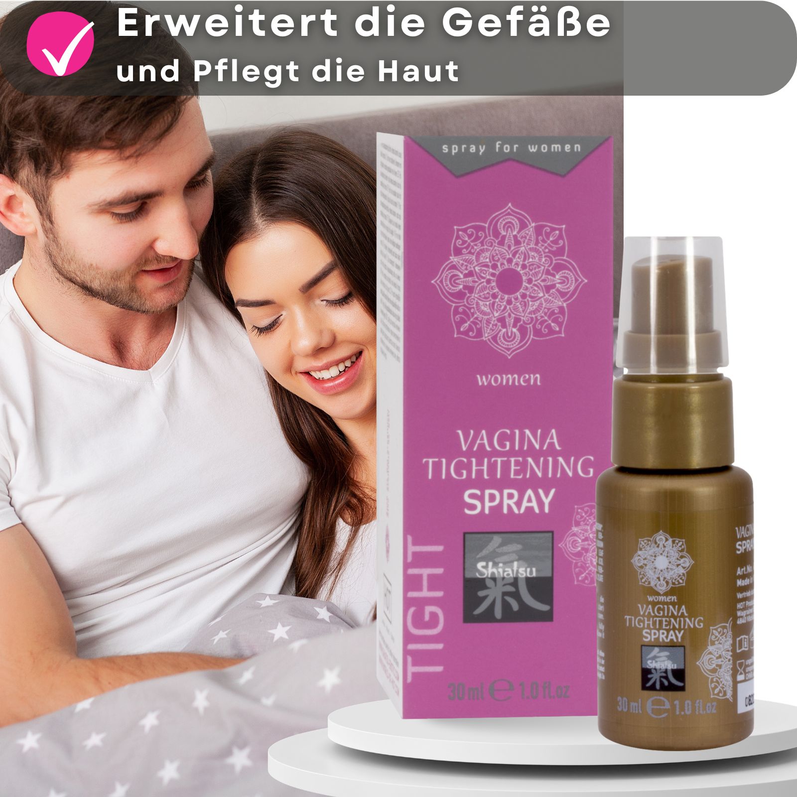 Produkt und Verpackung. Text: Vagina Tightening Spray. Marke: Shiatsu. Paar im Hintergrund.