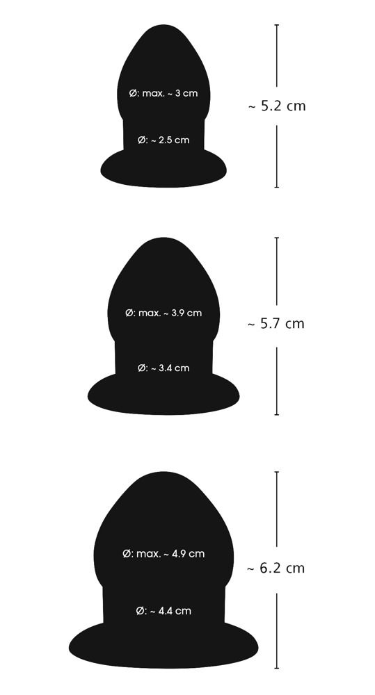 Drei schwarze Anal-Stretching-Plugs. Kegelförmig mit breiter Basis. Größenangaben in cm.