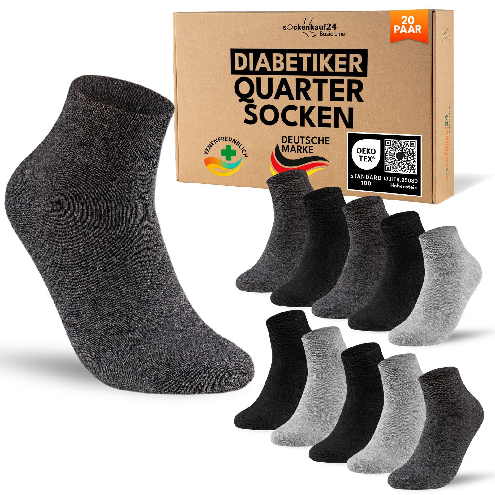 Diabetiker Quarter Socken mit Komfortbund ohne Gummi & ohne Naht für Damen und Herren