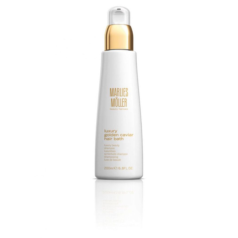 Weiße Flasche mit goldenem Deckel. Aufschrift: Marlies Möller, Luxury Golden Caviar Hair Bath. 200ml/6.8FL.OZ.