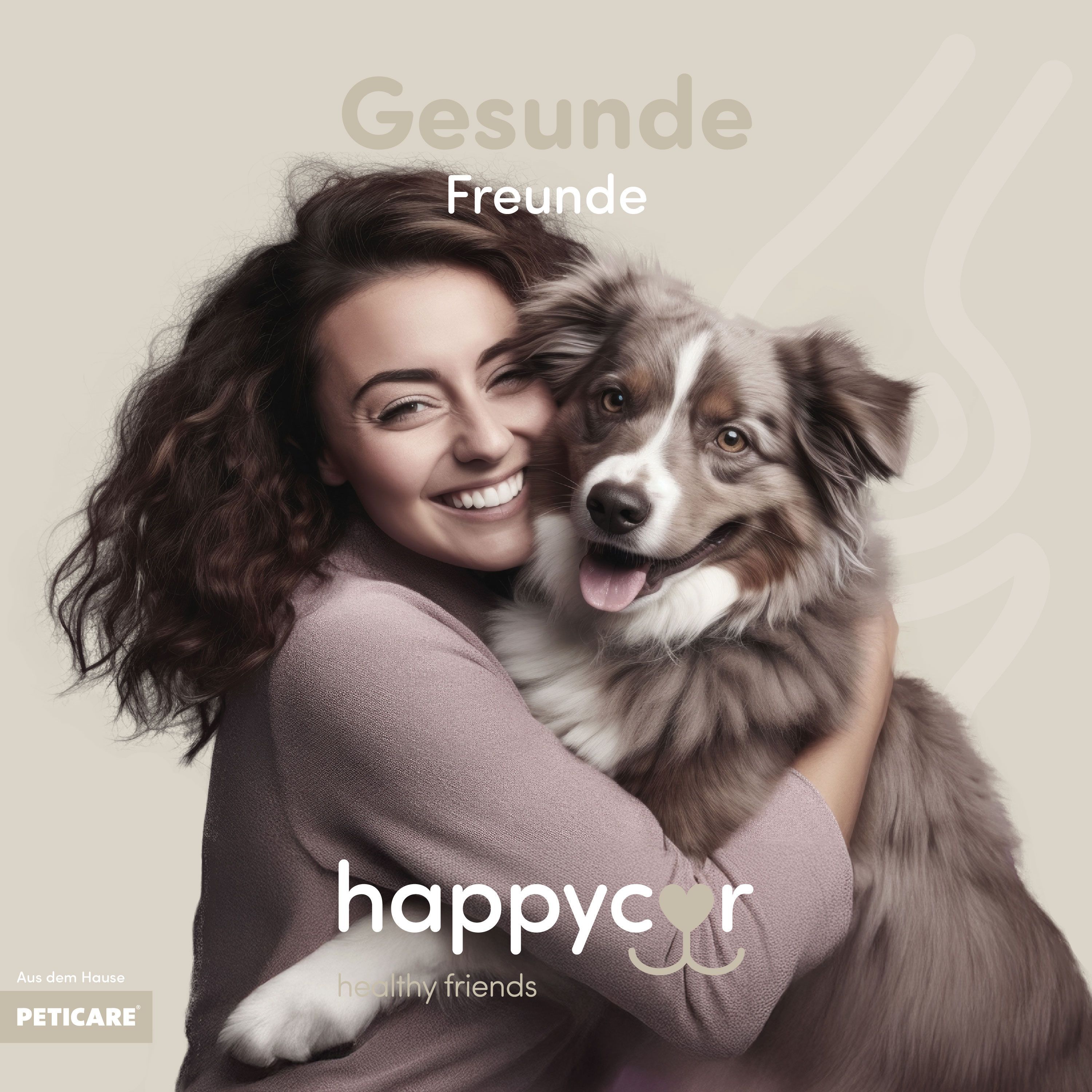 Frau umarmt Hund. Aufschrift: happycor, healthy friends. Logo: PETICARE.