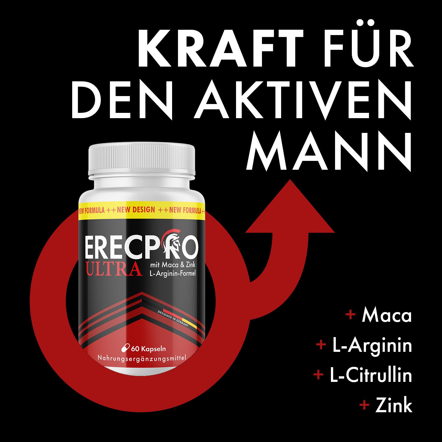 Schwarzer Hintergrund mit weißem Text: KRAFT FÜR DEN AKTIVEN MANN. Flasche ERECPRO ULTRA, 60 Kapseln. Inhaltsstoffe: Maca, L-Arginin, L-Citrullin, Zink.
