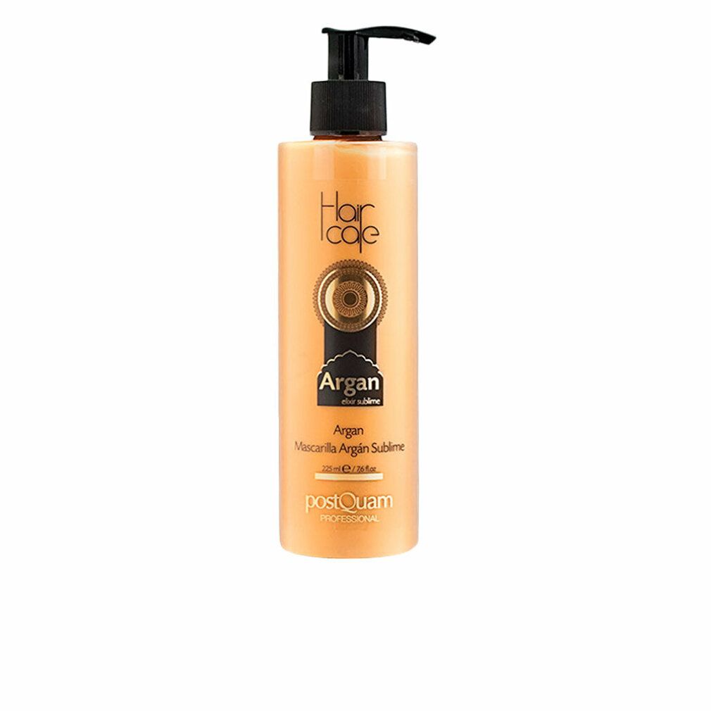 Arganöl-Haarmaske in einer Flasche mit Dosierpumpe. Aufschrift: Hair care, Argan, Mascarilla Argan Sublime, Postquam Professional.