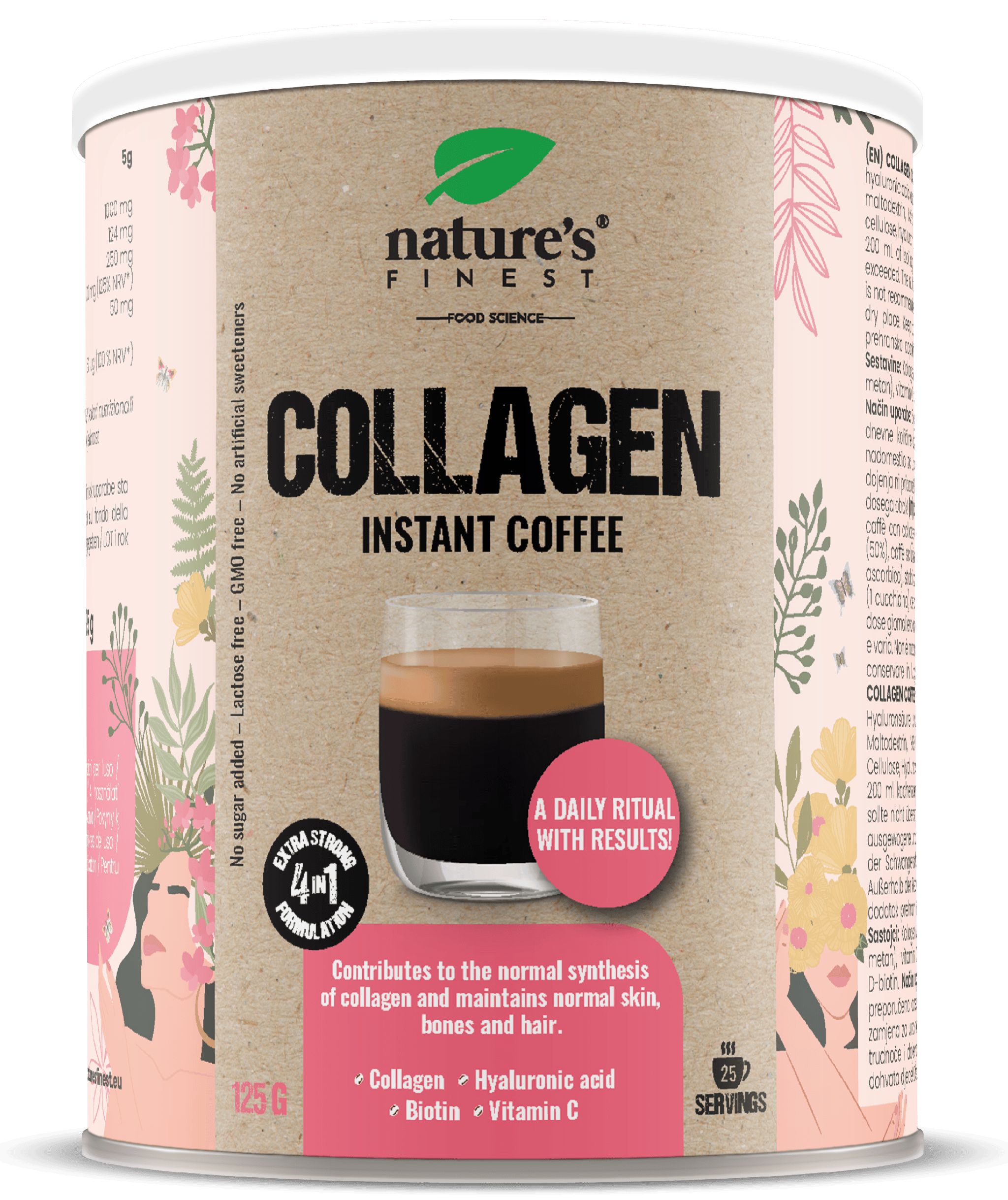Runde Dose mit Nature's Finest Collagen Kaffee. Enthält Kollagen, Hyaluronsäure, Biotin und Vitamin C. 125g, 25 Portionen.