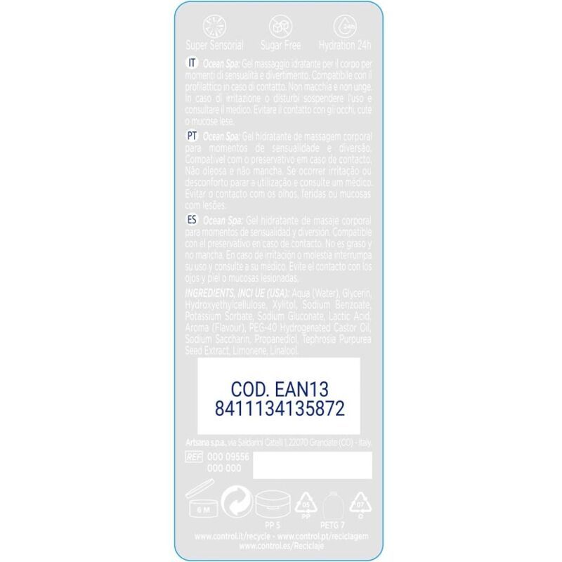 Rückseite einer blauen Flasche. Text in mehreren Sprachen. Barcode und andere Informationen.