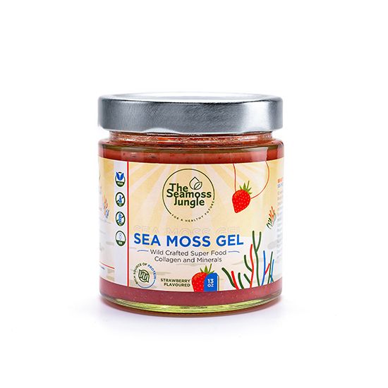 Glas mit rotem Gel. Aufschrift: Sea Moss Gel, Erdbeergeschmack. Mit Logo und Zertifizierung.