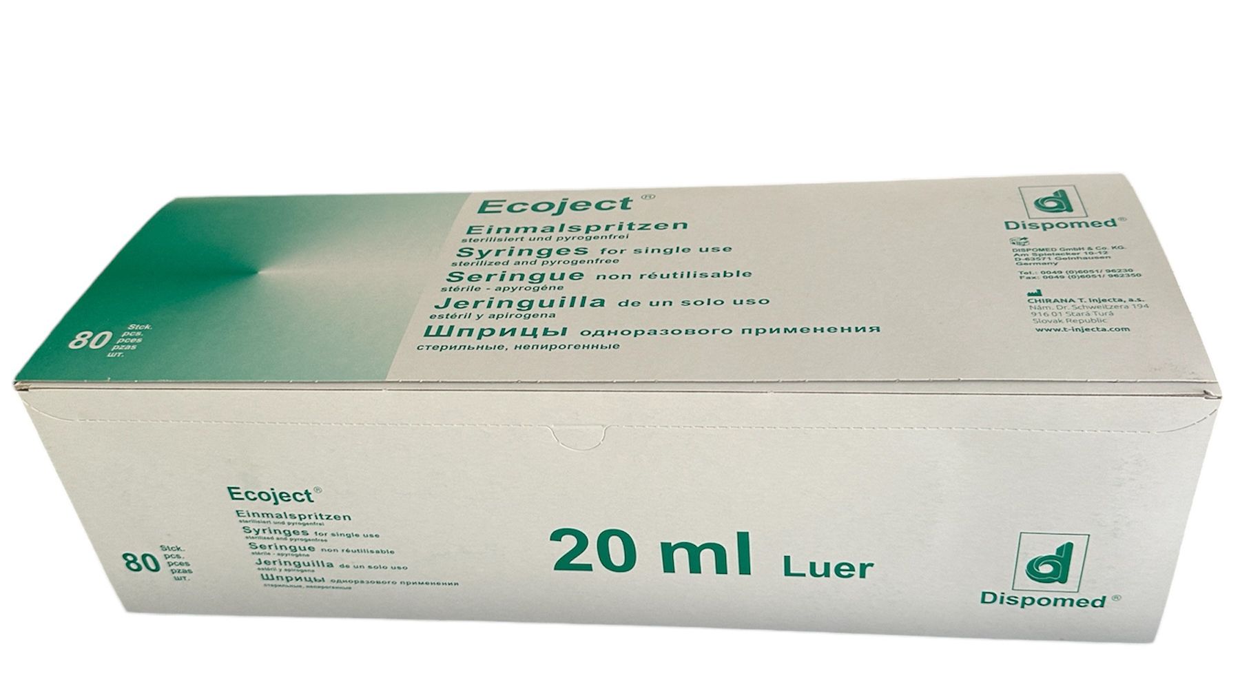 Große Kartonverpackung mit mehrsprachigem Text. Aufdruck 'Ecoject Einmalspritzen 20 ml Luer' und 'Dispomed'.