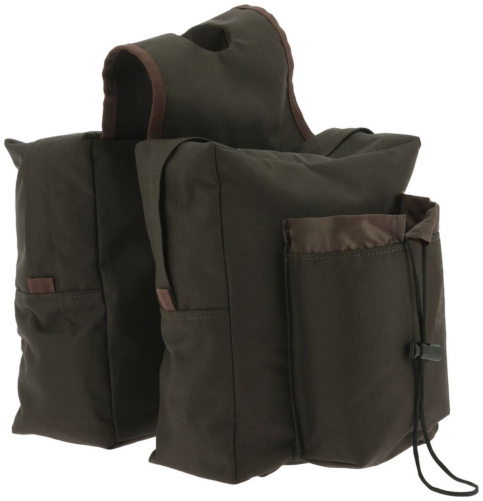 Braune Satteltasche mit zwei Hauptfächern und einer zusätzlichen Tasche mit Kordelzug. Braune Akzente.