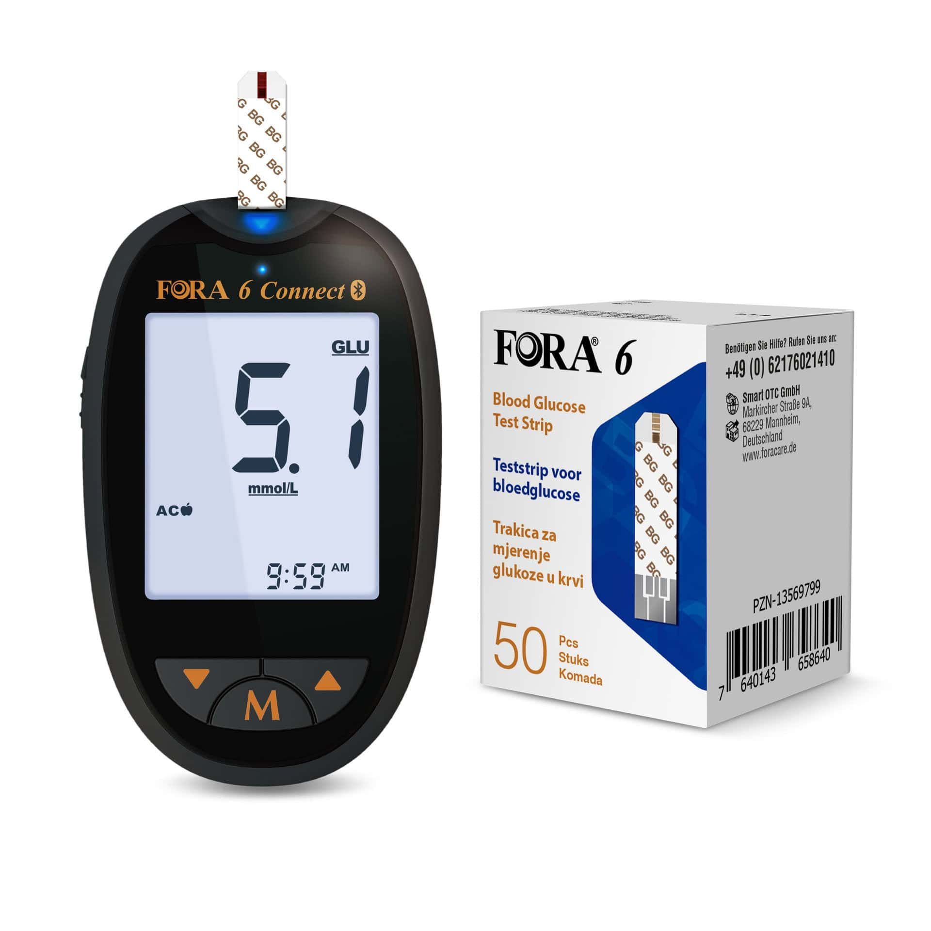 FORA 6 Connect Blutzuckermessgerät mit Teststreifenpackung (mmol/L).