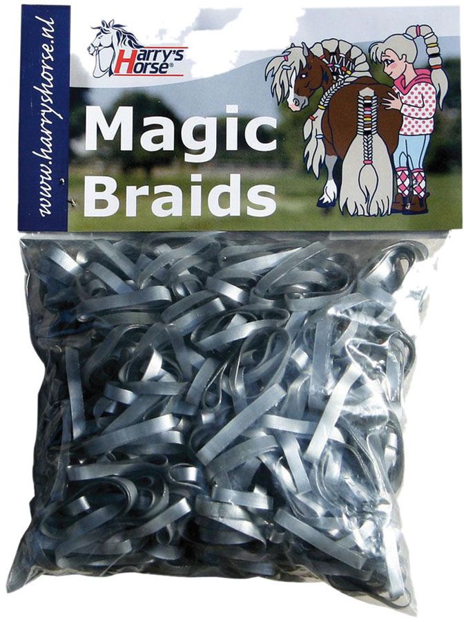 Graue Haargummis in Plastikverpackung. Aufschrift "Magic Braids" und Logo von Harry's Horse.