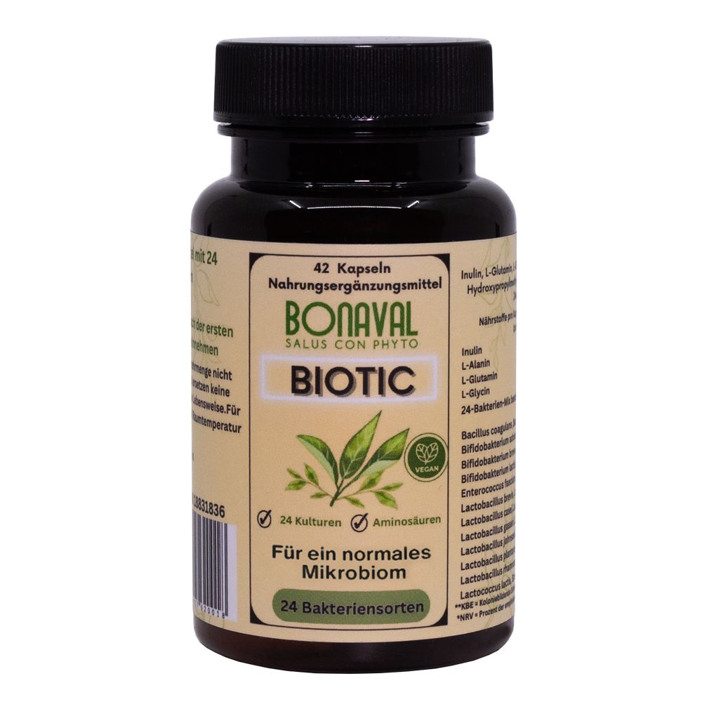 Braune Flasche mit schwarzen Deckel. BONAVAL Biotic, 42 Kapseln. Aufschrift: 24 Kulturen, Aminosäuren, für ein normales Mikrobiom.