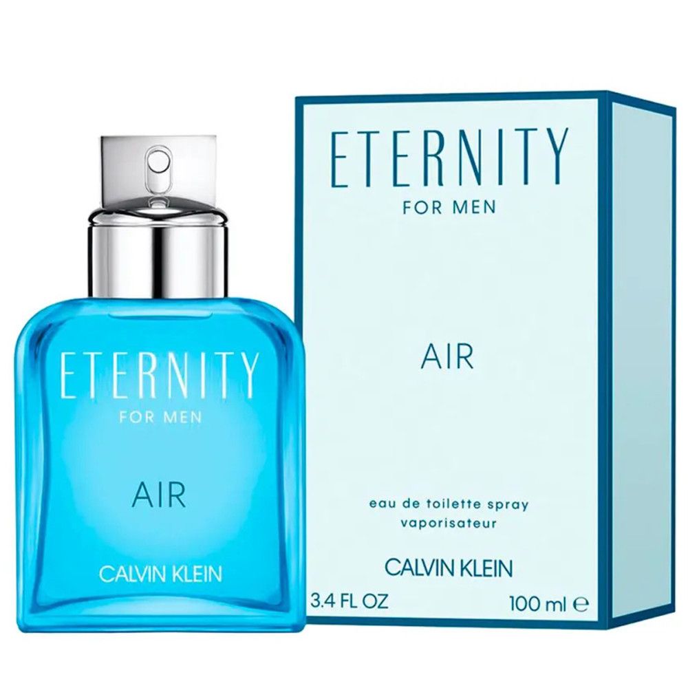 Calvin Klein Eternity Air for Men Eau de Toilette Spray mit Verpackung. Blauer Flakon, rechteckig.