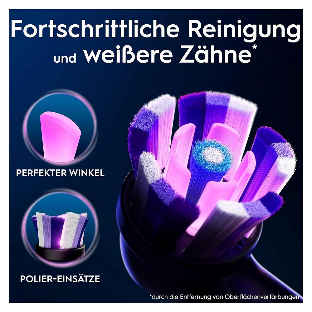 Detailansicht einer Oral-B iO Aufsteckbürste mit Polier-Einsätzen und perfektem Winkel.