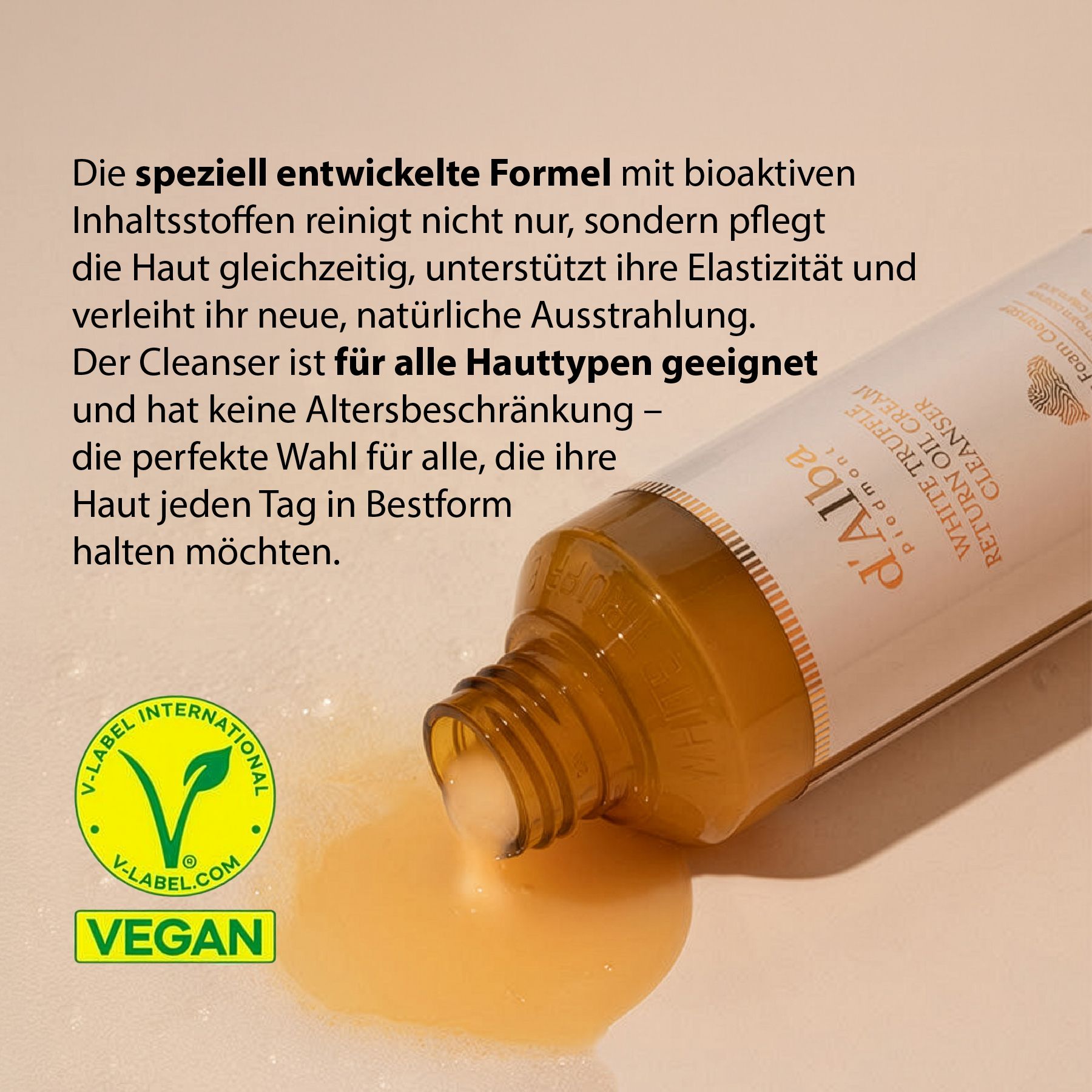 d'Alba White Trüffle Return Oil Cream Cleanser. Tube mit Produkt. Vegan-Siegel. Text auf Etikett.