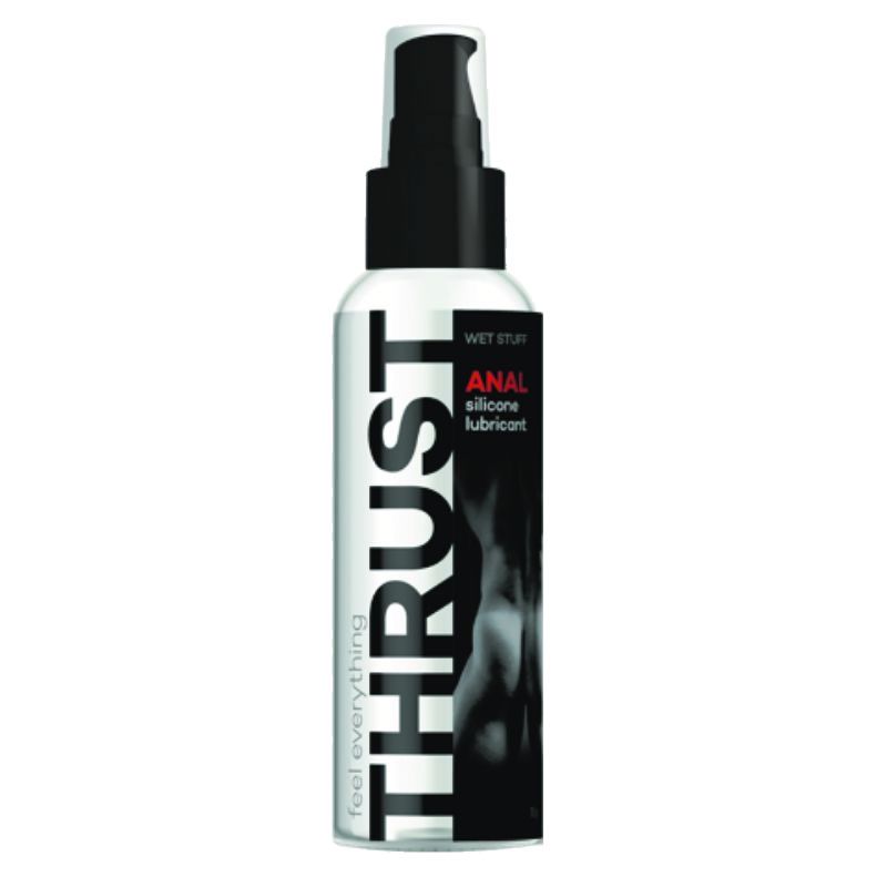 Zylindrische Flasche mit schwarzem Pumpkopf. Aufschrift "THRUST" und "ANAL silicone lubricant".