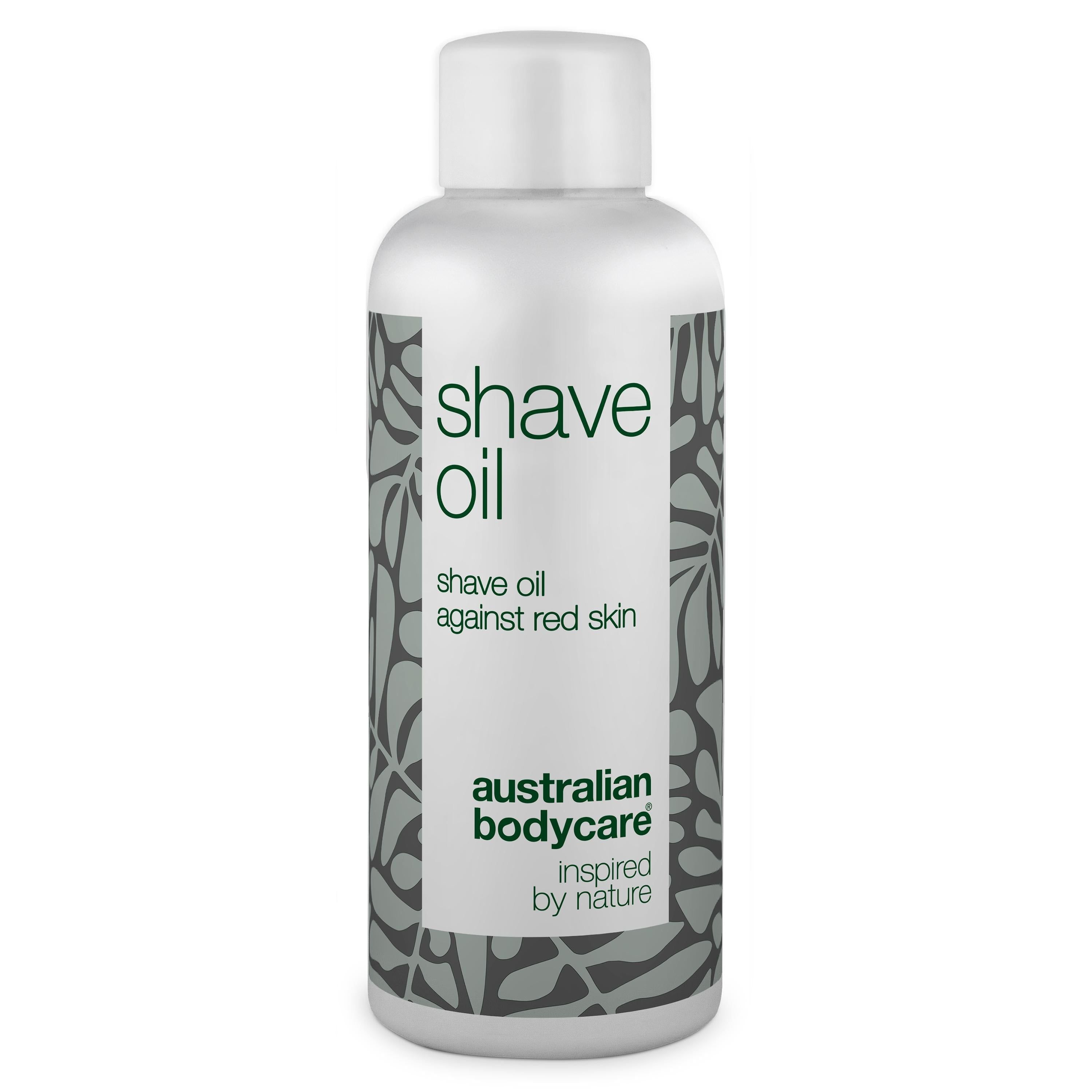 Weiße Flasche mit „Shave Oil“ Aufschrift. Graues Muster. „Australian Bodycare“ Logo.