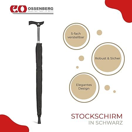 Schwarzer Gehstock-Regenschirm, geschlossen. Ossenberg-Logo. Text: Stockschirm in Schwarz, 5-fach verstellbar, robust & sicher, elegantes Design.