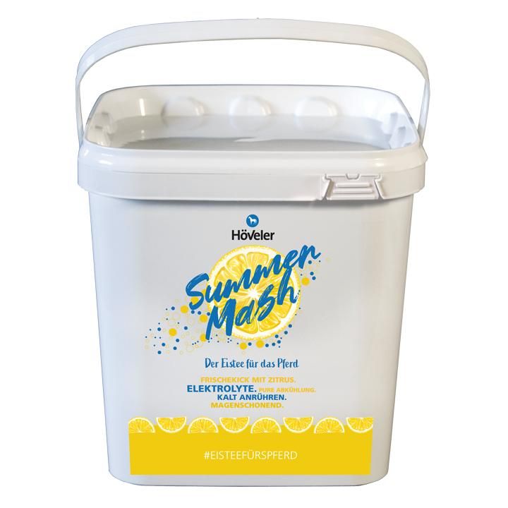 Weißer Eimer mit Henkel. Aufschrift: Höveler Summer Mash. Gelbes Etikett mit Text. Zitronen-Illustration.