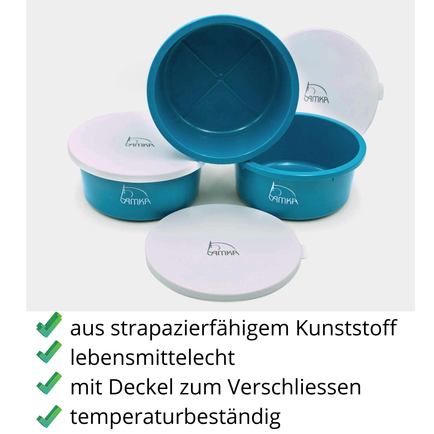 Zwei blaue Futterschalen mit Deckeln und eine ohne. Text: aus strapazierfähigem Kunststoff, lebensmittelecht, mit Deckel, temperaturbeständig.