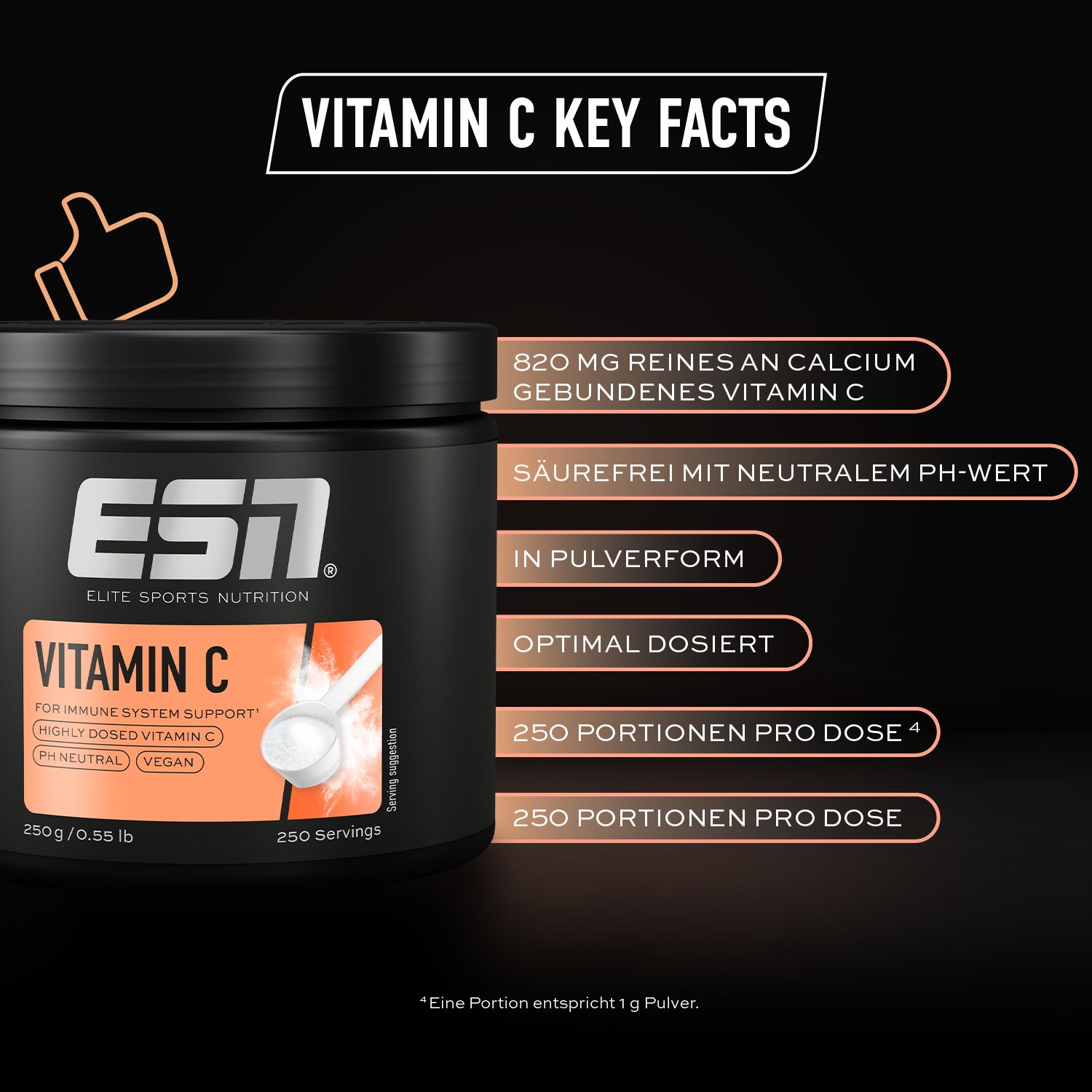 ESN Vitamin C Pulver in schwarzer Dose. Text: Vitamin C Key Facts. 820mg Calcium-gebundenes Vitamin C.