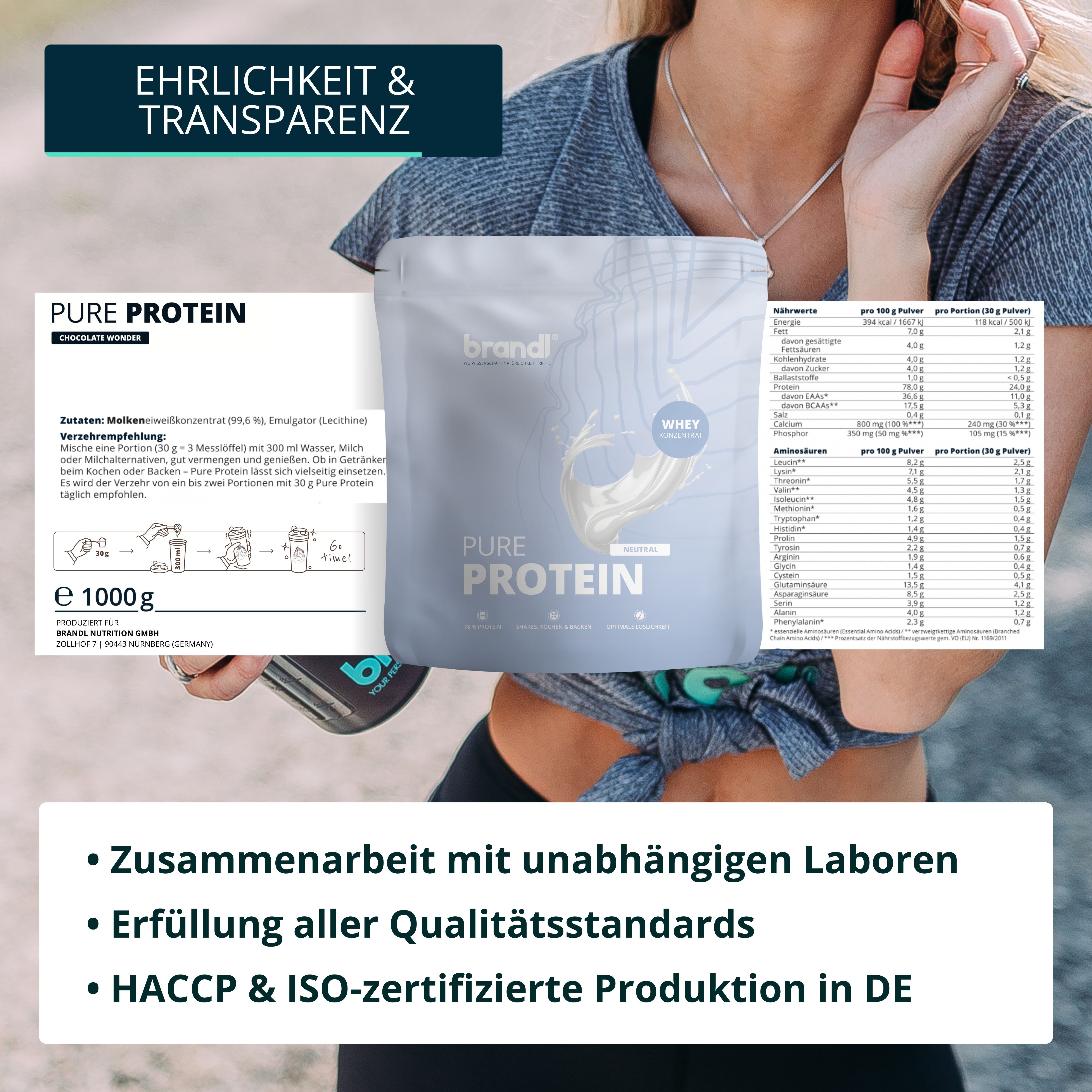 Dokumente, Beutel brandl® Pure Protein. Text: Pure Protein, Nährwertangaben. Zusammenarbeit mit unabhängigen Laboren, Erfüllung aller Qualitätsstandards.