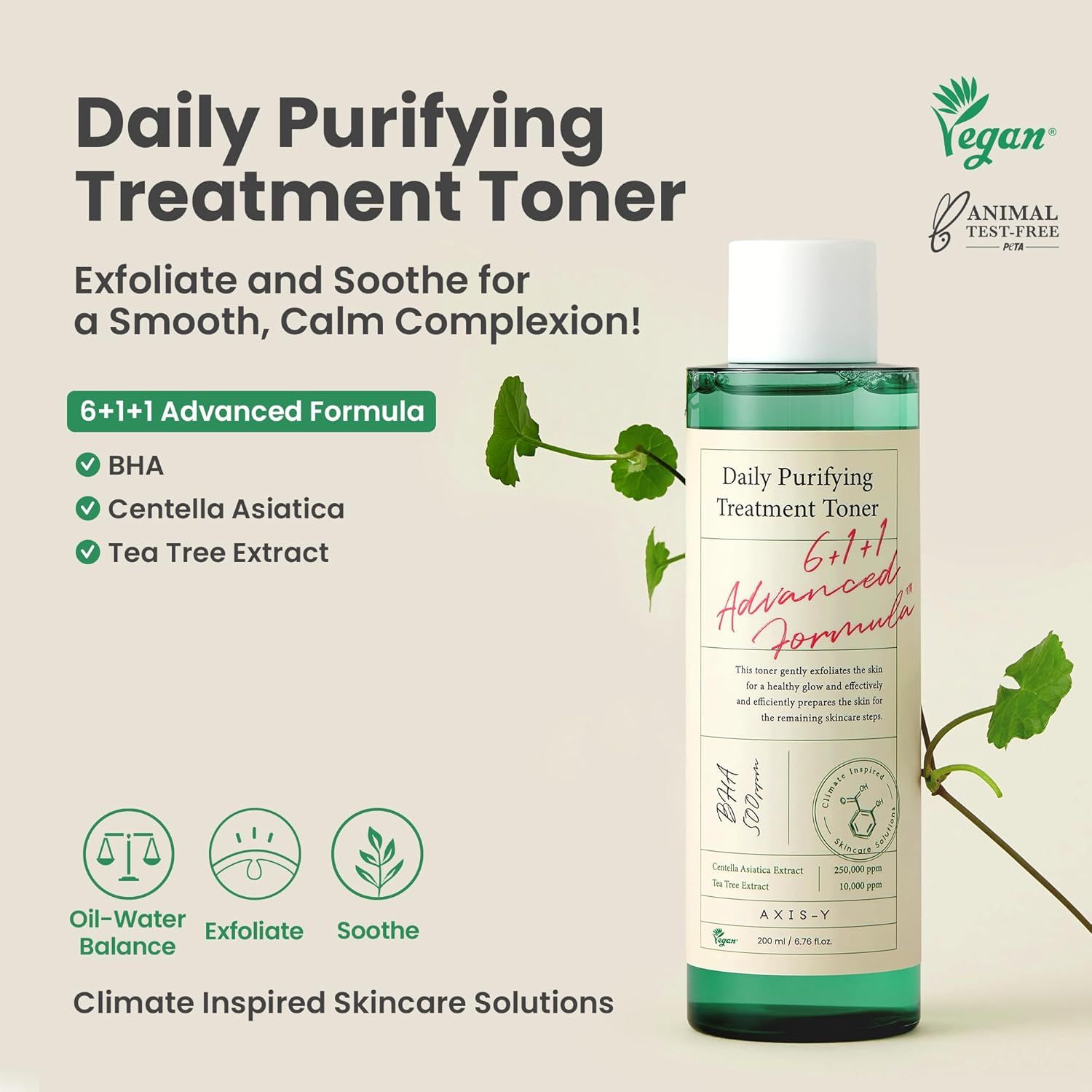 Eine Flasche Toner mit Aufschrift: Daily Purifying Treatment Toner, 6+1+1 Advanced Formula. Vegan und tierversuchsfrei.