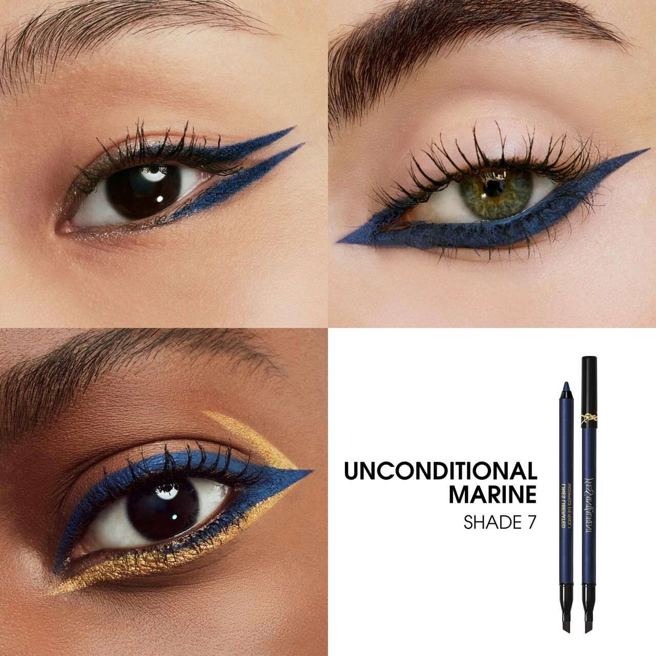 Drei Augen-Make-up-Looks mit dunkelblauem Eyeliner. Zwei Stifte und Text 'UNCONDITIONAL MARINE SHADE 7'.