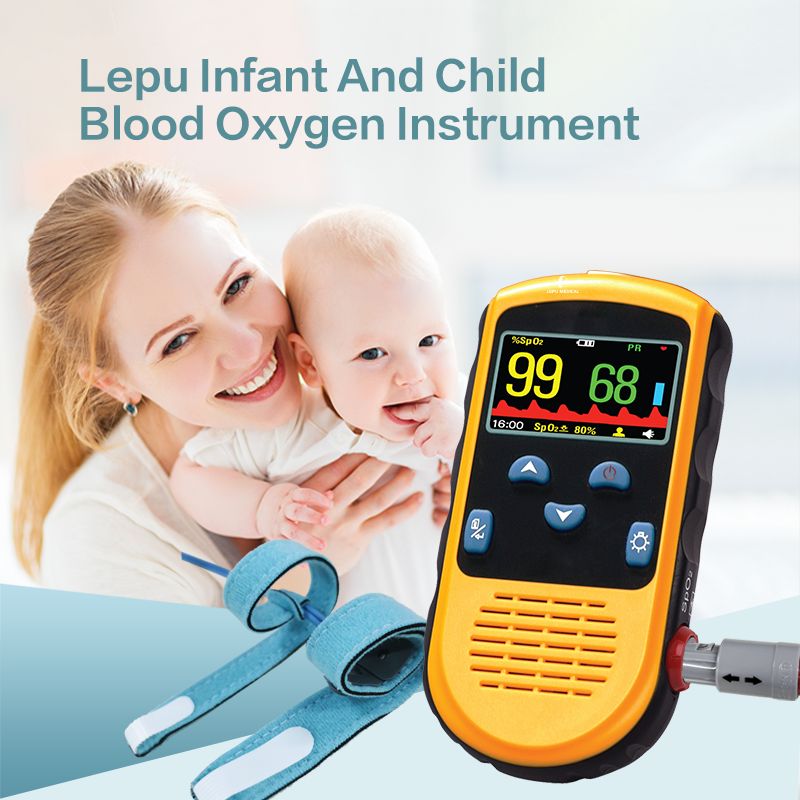 Gelbes Pulsoximeter mit Display, das 99 und 68 anzeigt. Zwei blaue Manschetten liegen daneben.