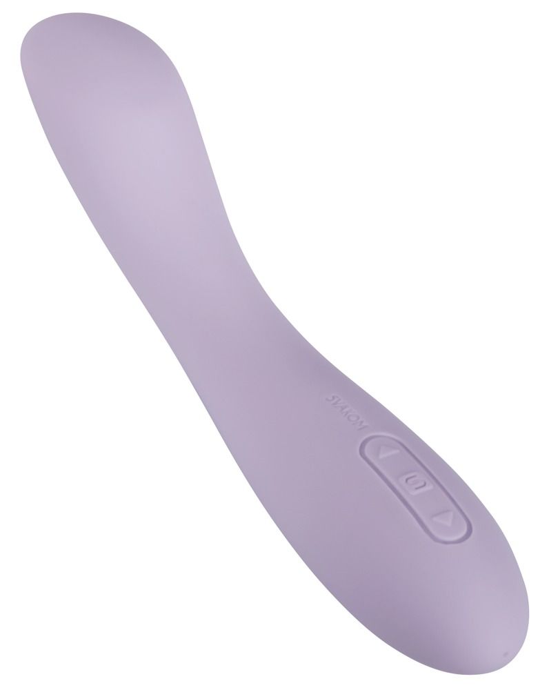 Lila Vibrator. Gebogene Form. Bedienfeld mit Tasten. Auf weißem Hintergrund.