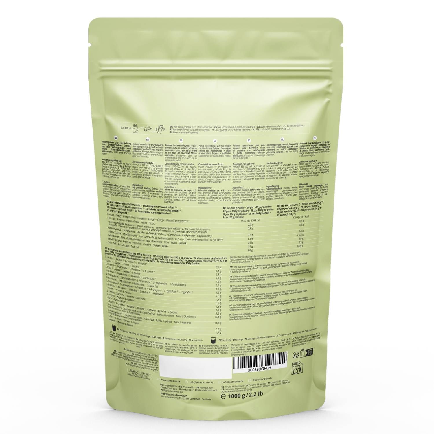 Rückseite der grünen Protein-Pulver-Tüte. Enthält Nährwertangaben, Zutatenliste, Herstellerinformationen, Barcode und Zertifizierungen. 1000 g / 2.2 lb.