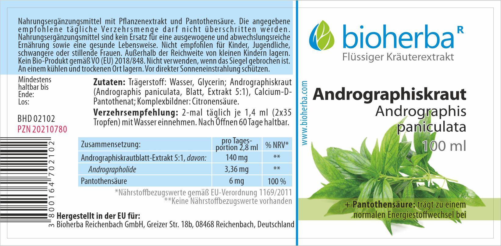 Etikett mit Produktinformationen. Bioherba-Logo, Andrographiskraut-Bezeichnung, Zutatenliste, Nährwertangaben, 100 ml.
