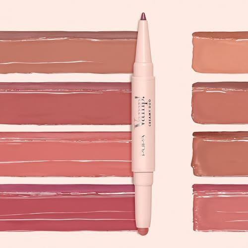 Pupa Vamp Creamy Duo: Lipliner und Lippenstift mit Swatches in verschiedenen Rosa- und Rottönen.