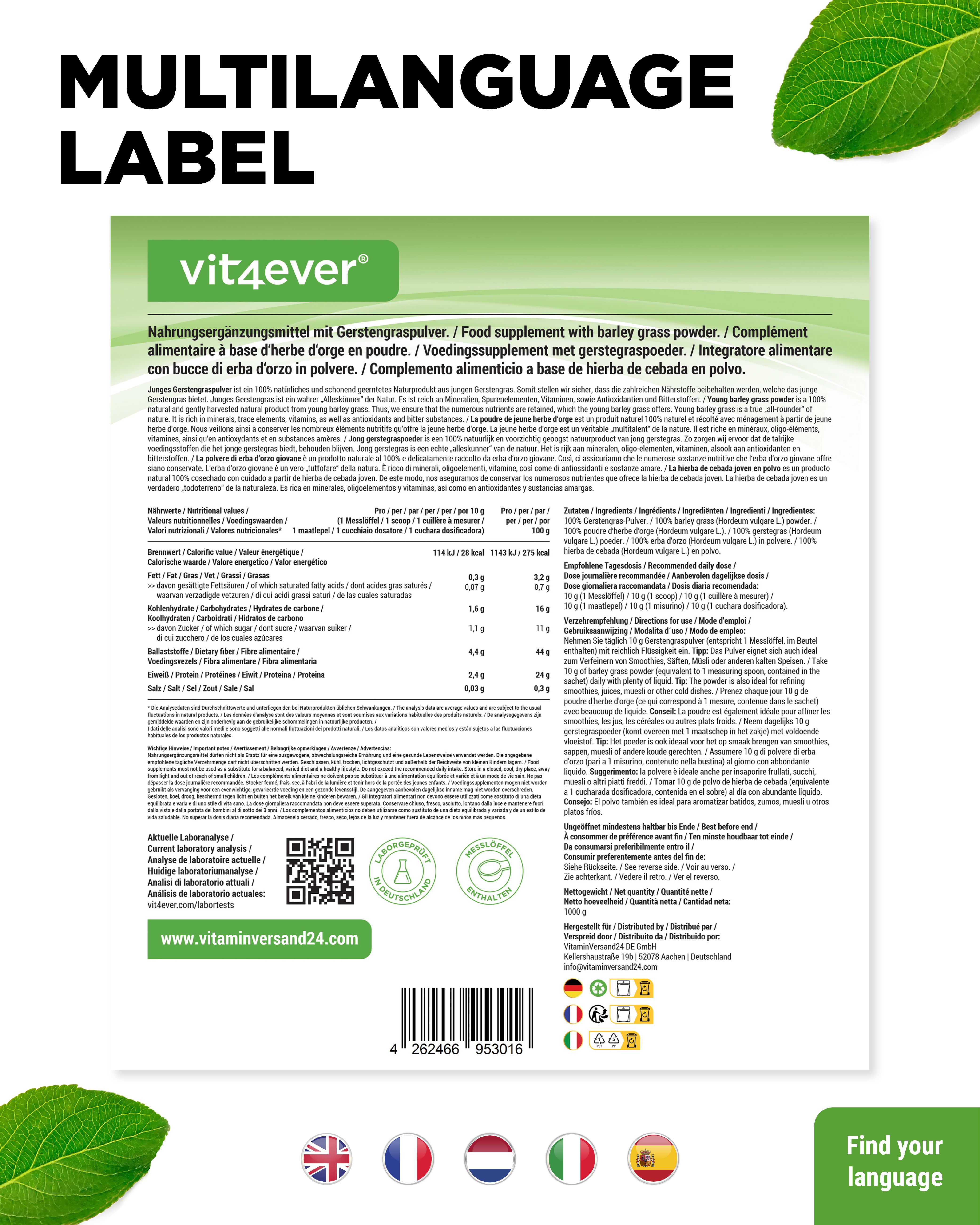 Rückseite der Produktverpackung mit mehrsprachigen Texten und Nährwertangaben. Website-Adresse.