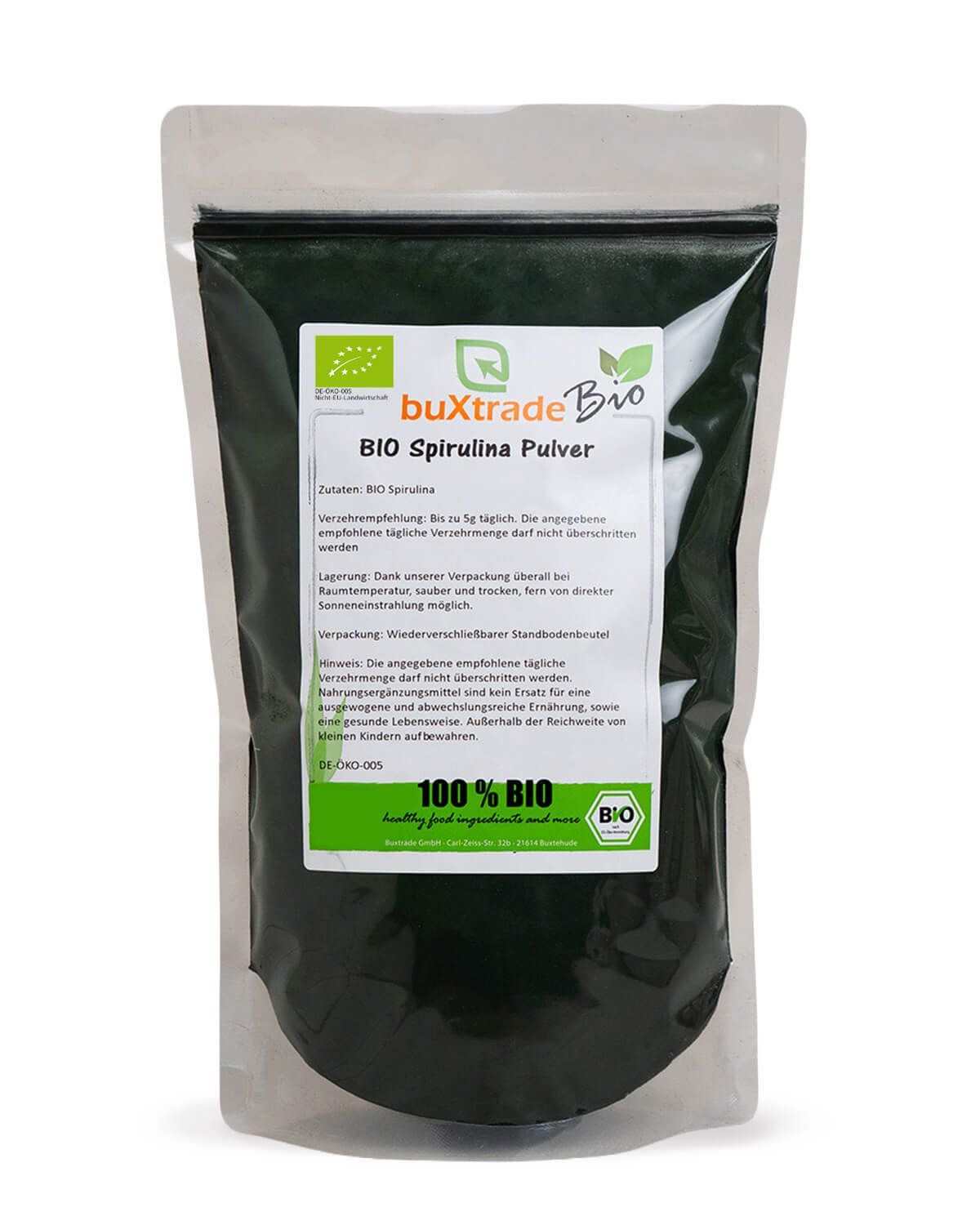 Verpackung mit buxtrade Bio Spirulina Pulver, 100% Bio-Siegel.