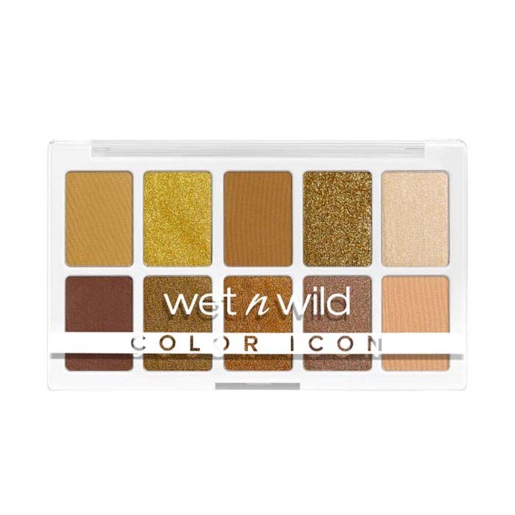 Lidschatten-Palette mit 10 Farbtönen in Braun- und Goldtönen. Marke: Wet n Wild. In weißer Verpackung mit transparentem Deckel.