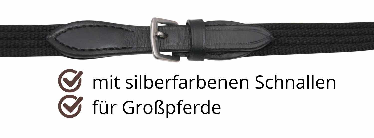 Schwarzer Gurtzügel mit silberfarbener Schnalle. Text: mit silberfarbenen Schnallen, für Großpferde.