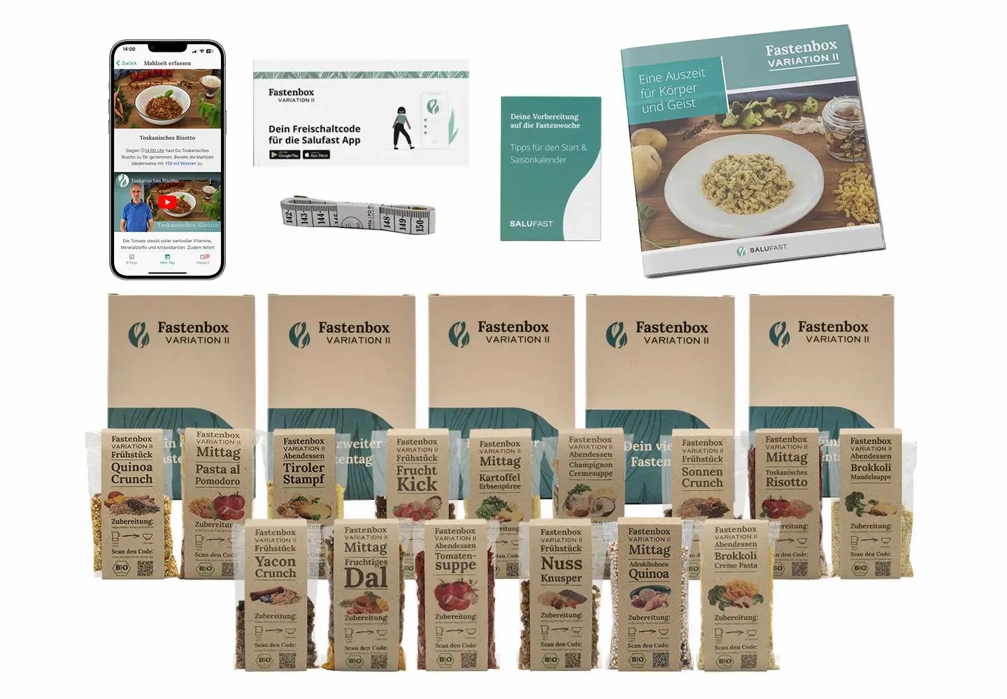 Verschiedene Produkte der Salufast 5-Tage Fastenbox. Boxen, Beutel, Broschüre, App-Oberfläche auf Smartphone. Text: Fastenbox Variation II.