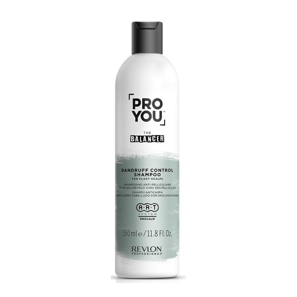 Weiße Shampoo-Flasche mit schwarzem Deckel. Aufschrift: PRO YOU THE BALANCER, Dandruff Control Shampoo. Marke: Revlon.